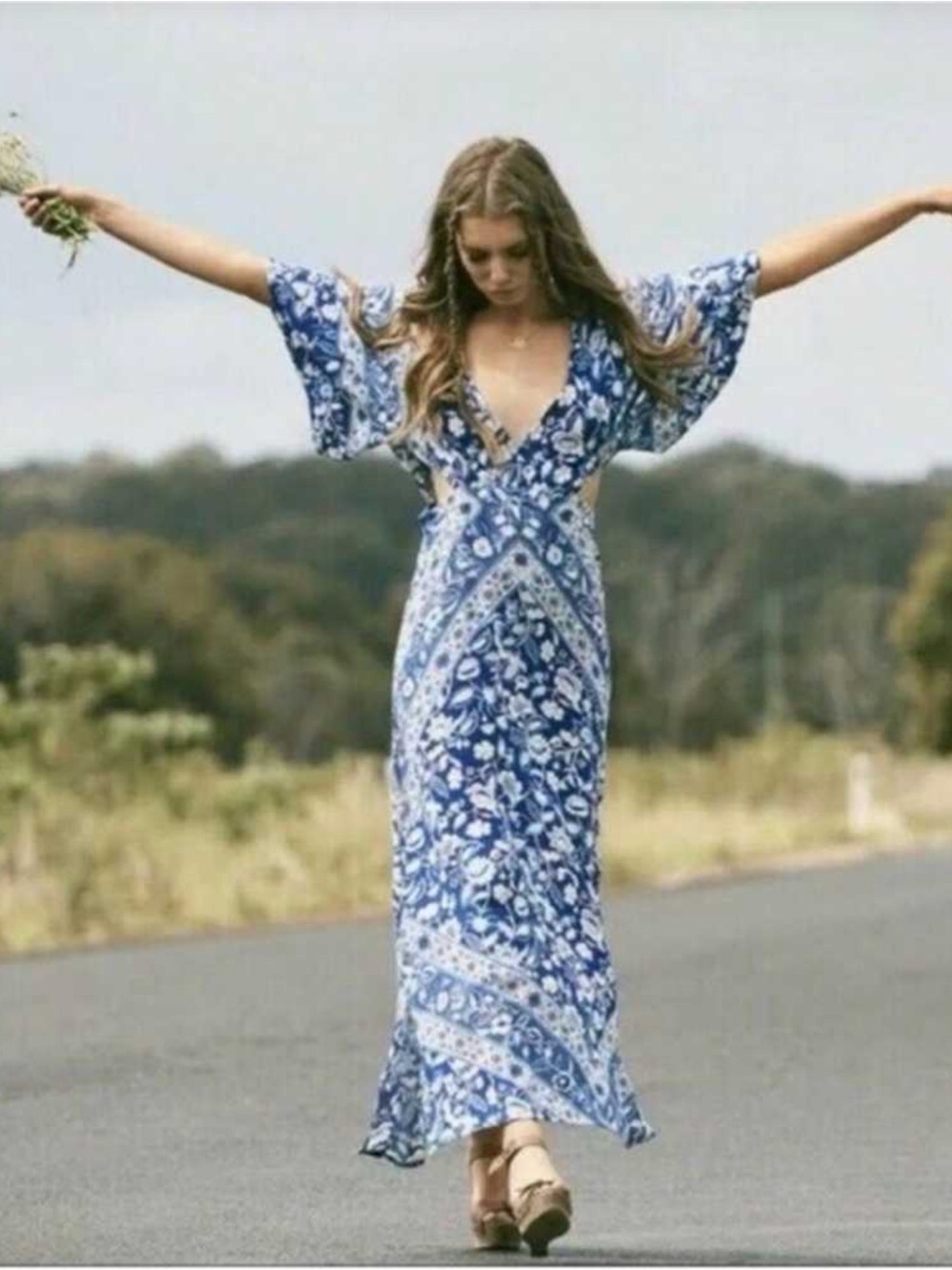 Spell & The Gypsy Lolita Cutout Maxi Dress Bluebelle Floral XS NWOT Boho